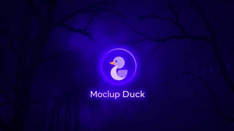 A stylized white duck logo with an orange beak is centered against a dark purple background with eerie tree silhouettes.