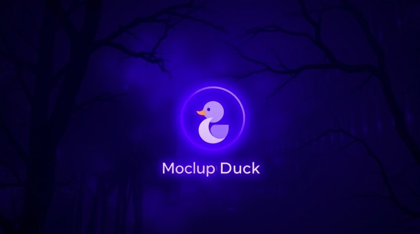 A stylized white duck logo with an orange beak is centered against a dark purple background with eerie tree silhouettes.