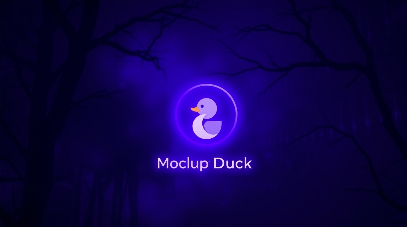 A stylized white duck logo with an orange beak is centered against a dark purple background with eerie tree silhouettes.
