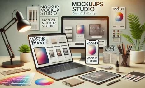 A modern workspace featuring a laptop, tablet, and design materials, all showcasing the Mockups Studio branding.