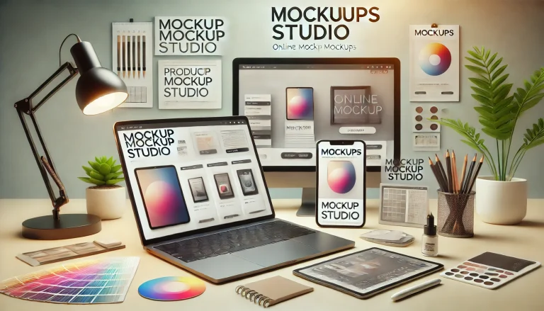 A modern workspace featuring a laptop, tablet, and design materials, all showcasing the Mockups Studio branding.