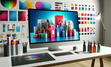 A modern workspace features a large monitor displaying colorful 3D shapes, with art supplies and color swatches nearby.