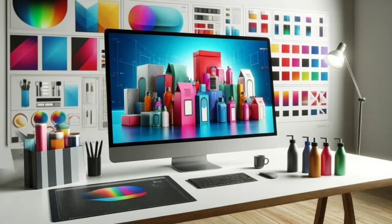 A modern workspace features a large monitor displaying colorful 3D shapes, with art supplies and color swatches nearby.