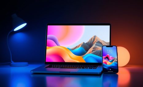 A laptop and smartphone display vibrant abstract wallpapers, illuminated by a blue lamp and a glowing orb.