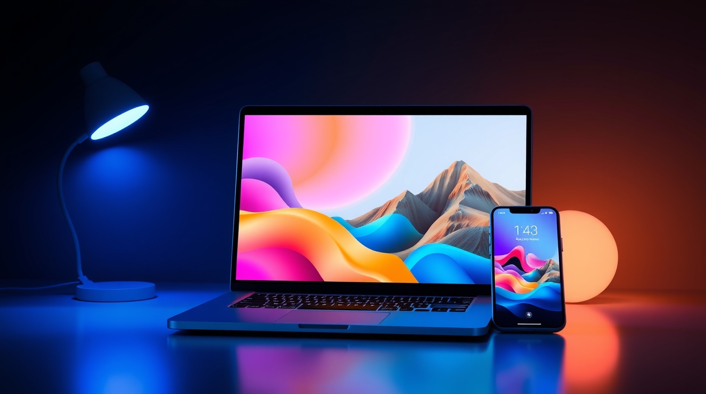 A laptop and smartphone display vibrant abstract wallpapers, illuminated by a blue lamp and a glowing orb.