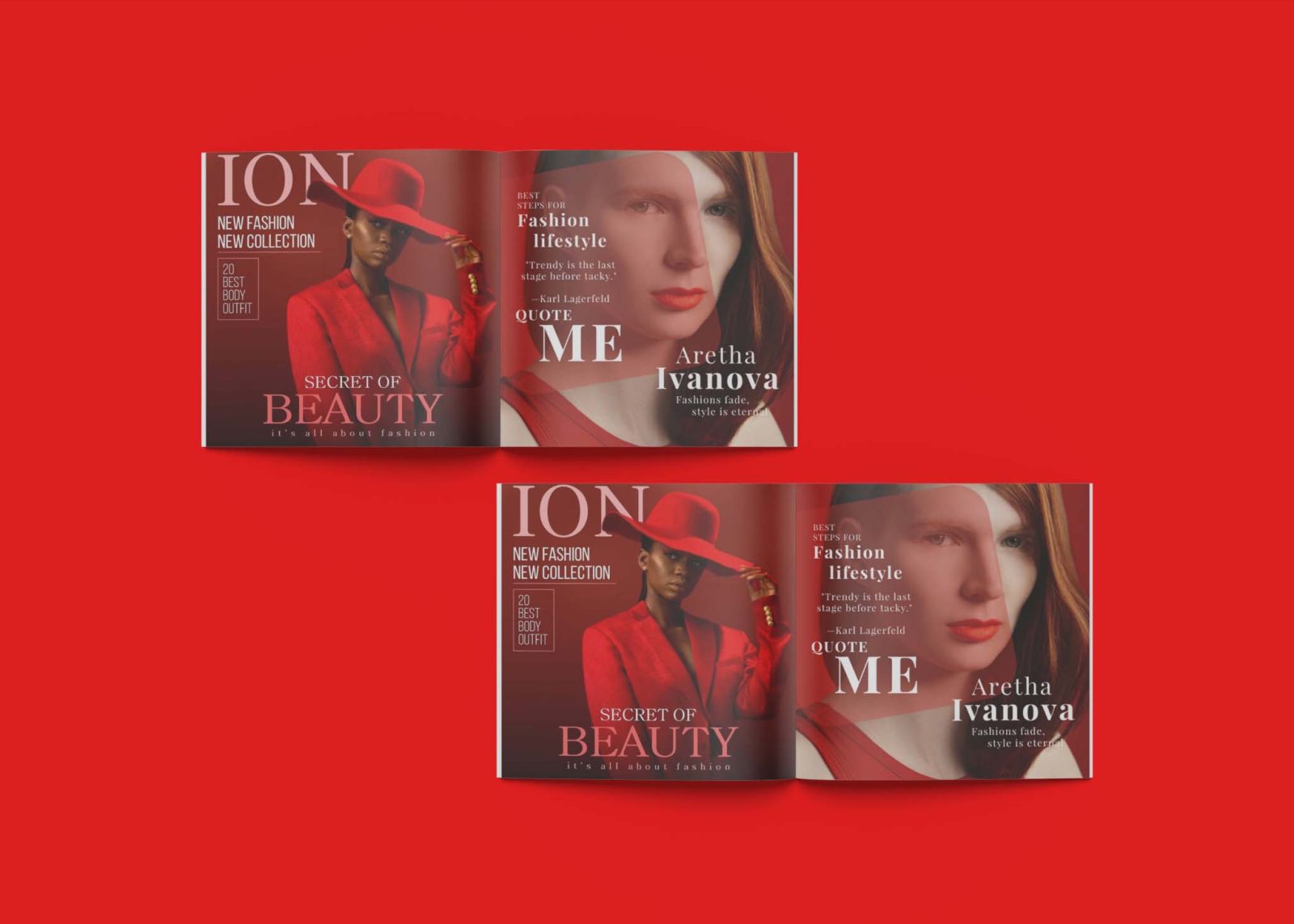 Two open magazines on a red background feature a model in a red outfit and hat, highlighting fashion and beauty themes.
