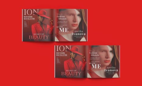 Two open magazines on a red background feature a model in a red outfit and hat, highlighting fashion and beauty themes.