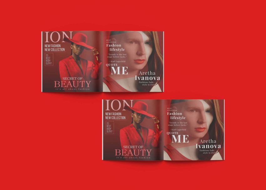 Two open magazines on a red background feature a model in a red outfit and hat, highlighting fashion and beauty themes.