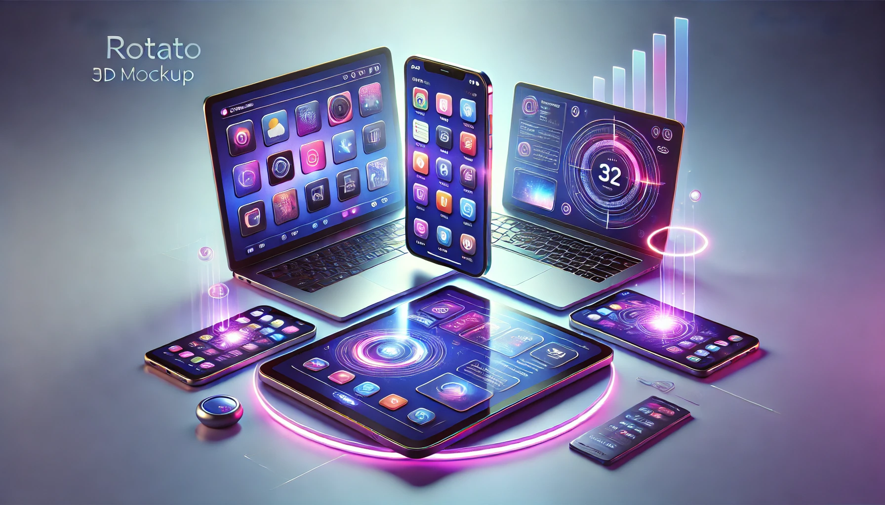 A futuristic 3D mockup featuring multiple devices, including laptops and smartphones, displaying vibrant app icons and d