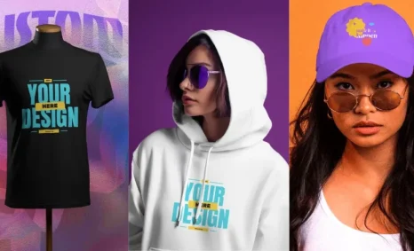 A black t-shirt, a white hoodie, and a purple cap with a logo are displayed on models against colorful backgrounds.