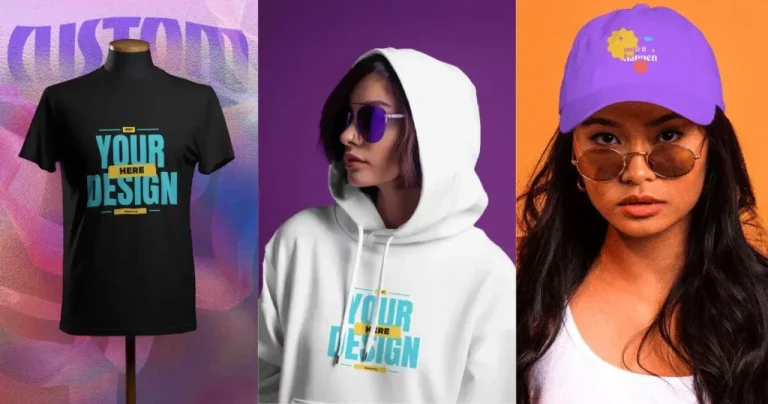 A black t-shirt, a white hoodie, and a purple cap with a logo are displayed on models against colorful backgrounds.