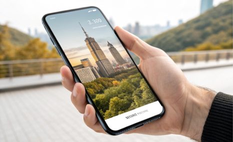 A hand holds a smartphone displaying a scenic view of skyscrapers and greenery under a clear sky.