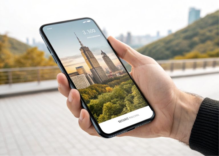 A hand holds a smartphone displaying a scenic view of skyscrapers and greenery under a clear sky.