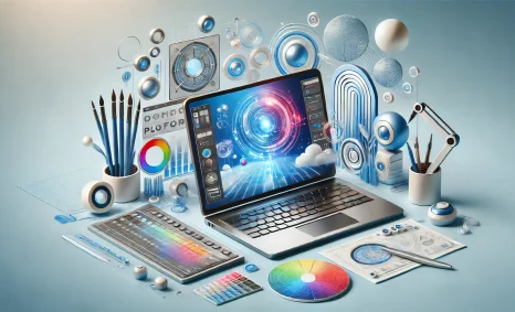 A laptop displays a vibrant digital interface surrounded by colorful design tools, geometric shapes, and art supplies.