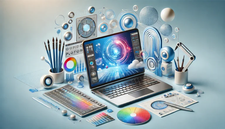 A laptop displays a vibrant digital interface surrounded by colorful design tools, geometric shapes, and art supplies.