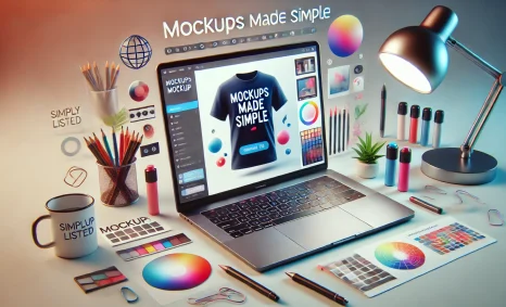 A laptop displays a t-shirt mockup design, surrounded by colorful art supplies, a desk lamp, and a coffee mug.