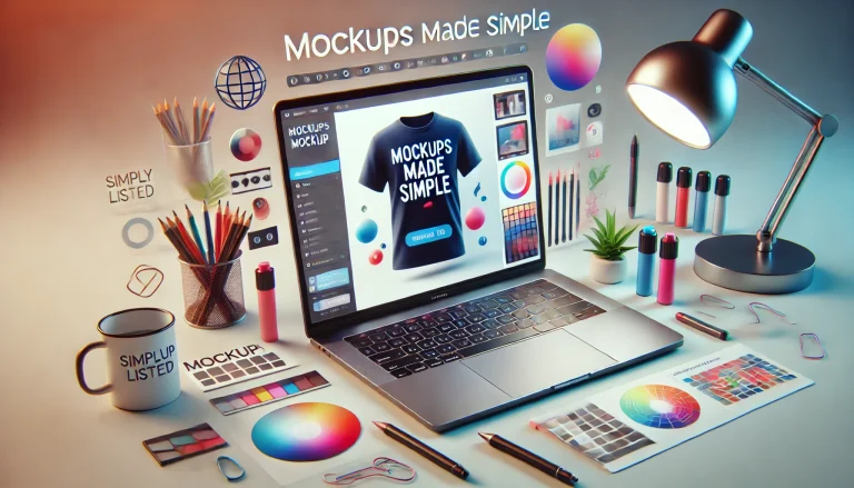 A laptop displays a t-shirt mockup design, surrounded by colorful art supplies, a desk lamp, and a coffee mug.