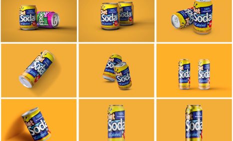 Colorful soda cans, including Diet Soda and a pink can, arranged on a bright orange background.