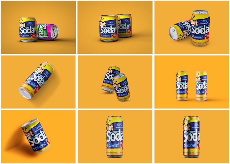 Colorful soda cans, including Diet Soda and a pink can, arranged on a bright orange background.