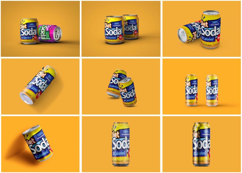 Colorful soda cans, including Diet Soda and a pink can, arranged on a bright orange background.