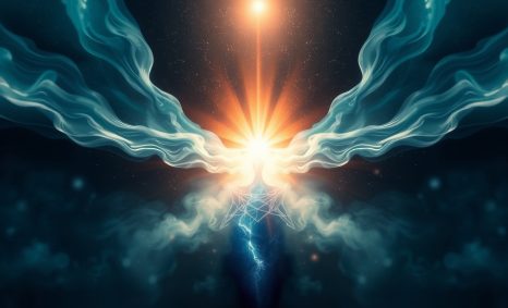 A radiant burst of light emerges from swirling blue and white clouds, creating an ethereal, cosmic atmosphere.