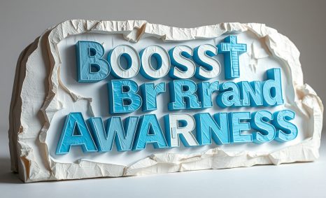 Three-dimensional text reading "Boost Brand Awareness" in blue and white, set against a textured white background.