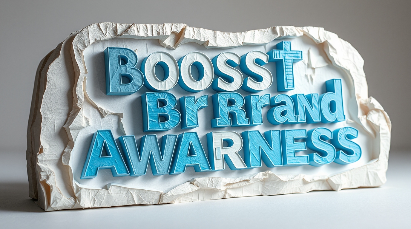 Three-dimensional text reading "Boost Brand Awareness" in blue and white, set against a textured white background.
