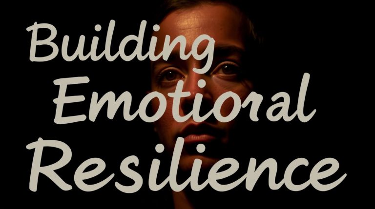 A dimly lit face gazes thoughtfully, with the words "Building Emotional Resilience" prominently displayed.