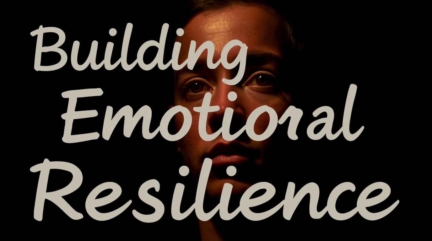 A dimly lit face gazes thoughtfully, with the words "Building Emotional Resilience" prominently displayed.