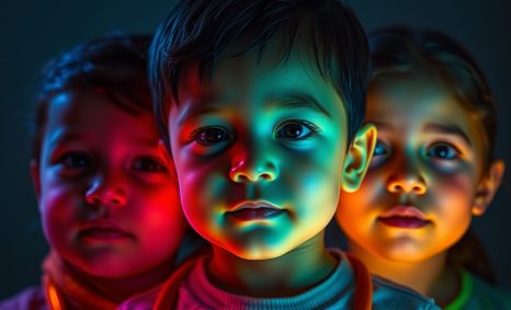 Three children with vibrant, colorful lighting, gazing intently at the camera against a dark background.