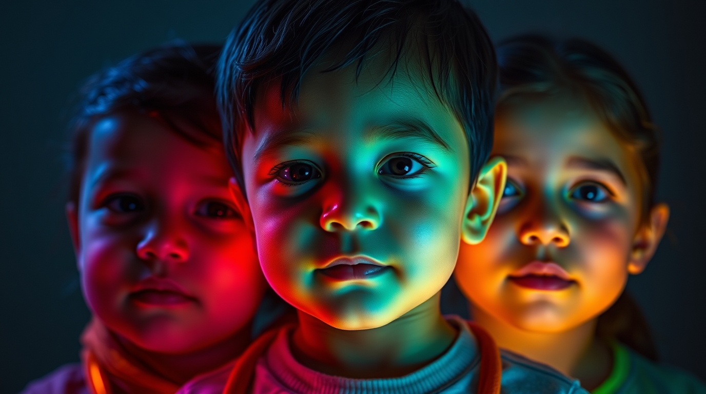 Three children with vibrant, colorful lighting, gazing intently at the camera against a dark background.