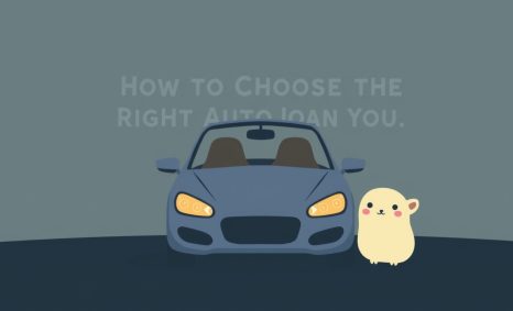 A cartoon-style blue car stands next to a cute, round yellow hamster, with text about choosing the right auto loan in th