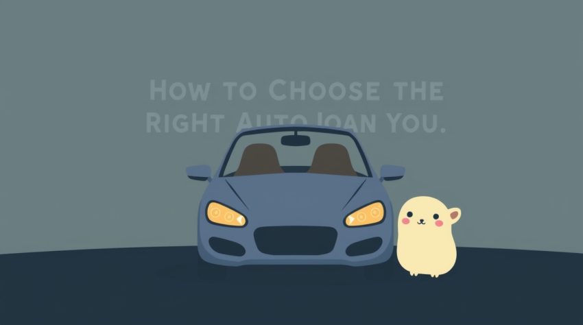 A cartoon-style blue car stands next to a cute, round yellow hamster, with text about choosing the right auto loan in th