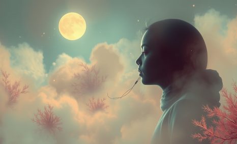A silhouette of a girl with a contemplative expression, surrounded by soft clouds and a glowing full moon.