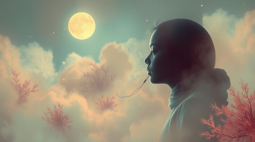 A silhouette of a girl with a contemplative expression, surrounded by soft clouds and a glowing full moon.