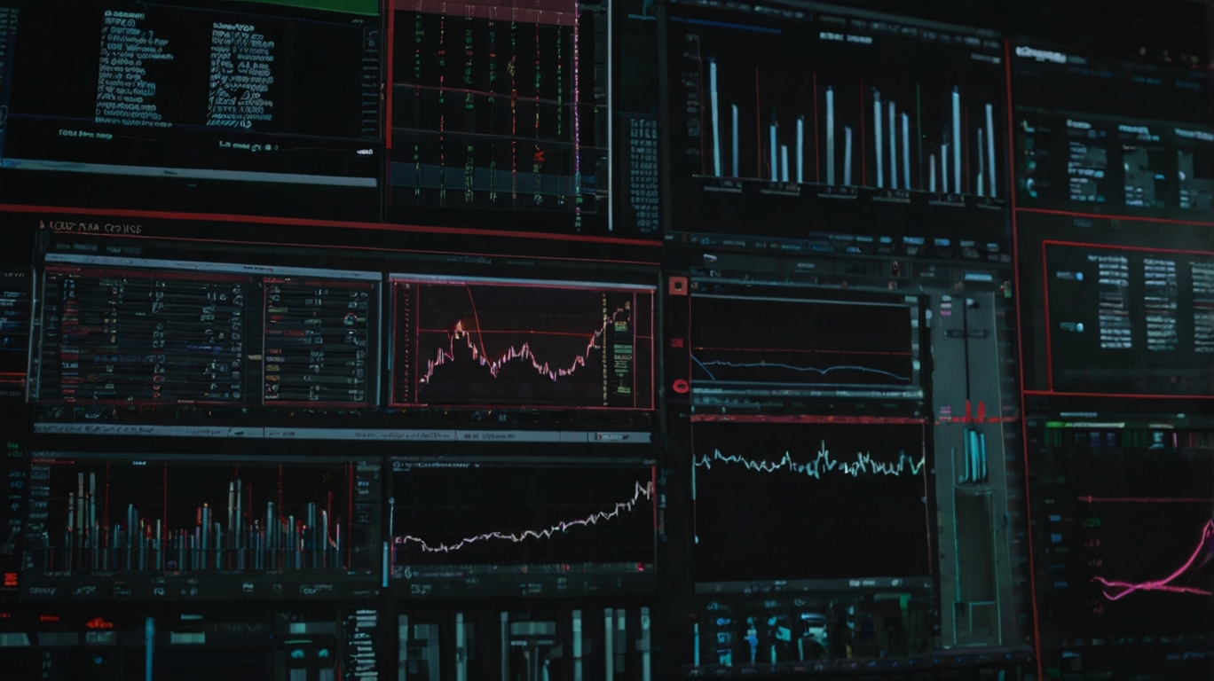 A dark room filled with multiple screens displaying colorful graphs, charts, and data analytics related to digital growt