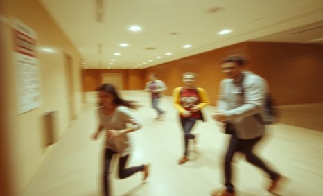 A group of four people, including a girl running ahead, moves quickly through a brightly lit hallway.