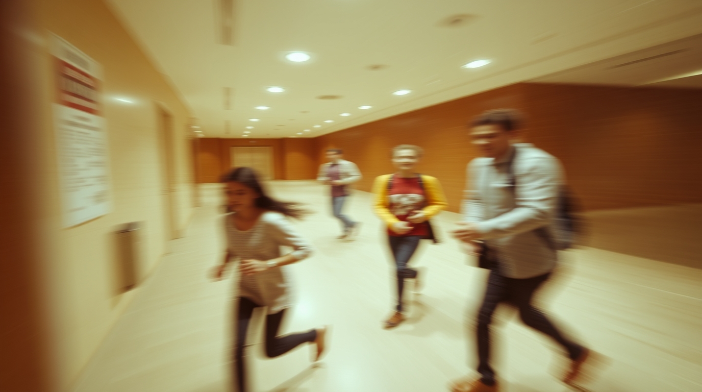 A group of four people, including a girl running ahead, moves quickly through a brightly lit hallway.