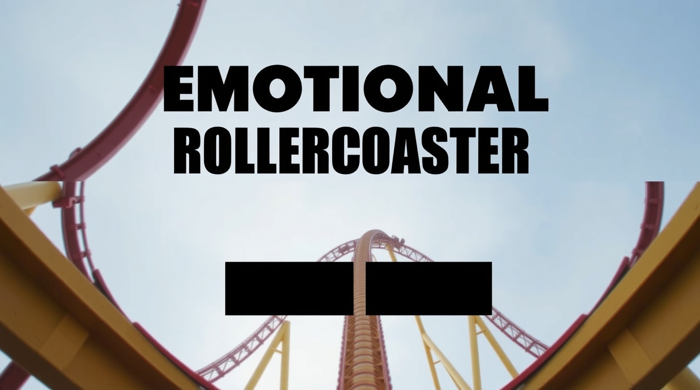 A towering rollercoaster looms against a blue sky, with bold text reading "EMOTIONAL ROLLERCOASTER" prominently displaye