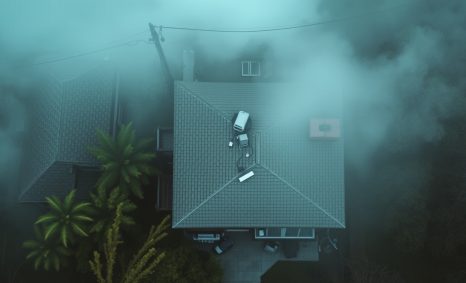 Aerial view of a house surrounded by thick fog, with palm trees and power lines partially visible.