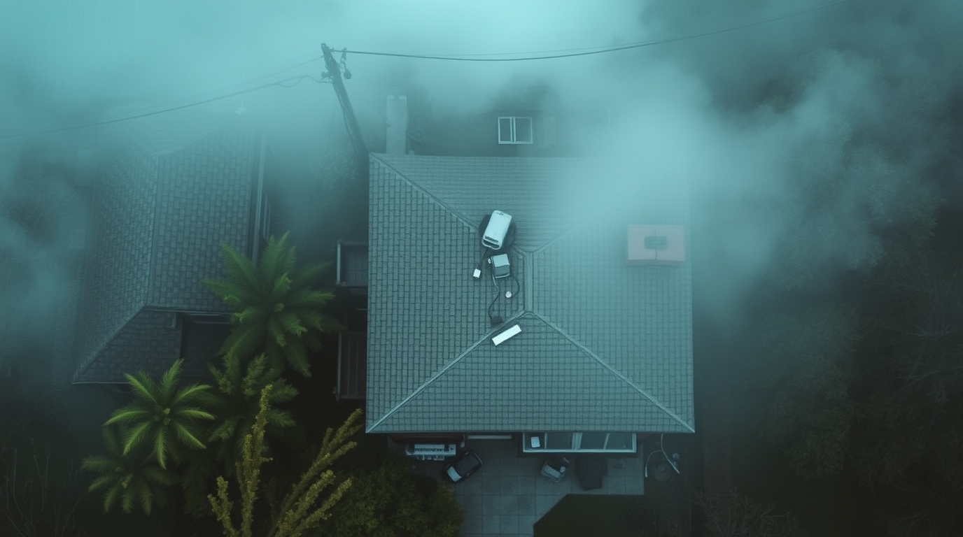 Aerial view of a house surrounded by thick fog, with palm trees and power lines partially visible.