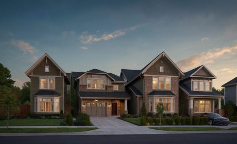 Three modern residential houses with dark siding and large windows, set against a twilight sky.