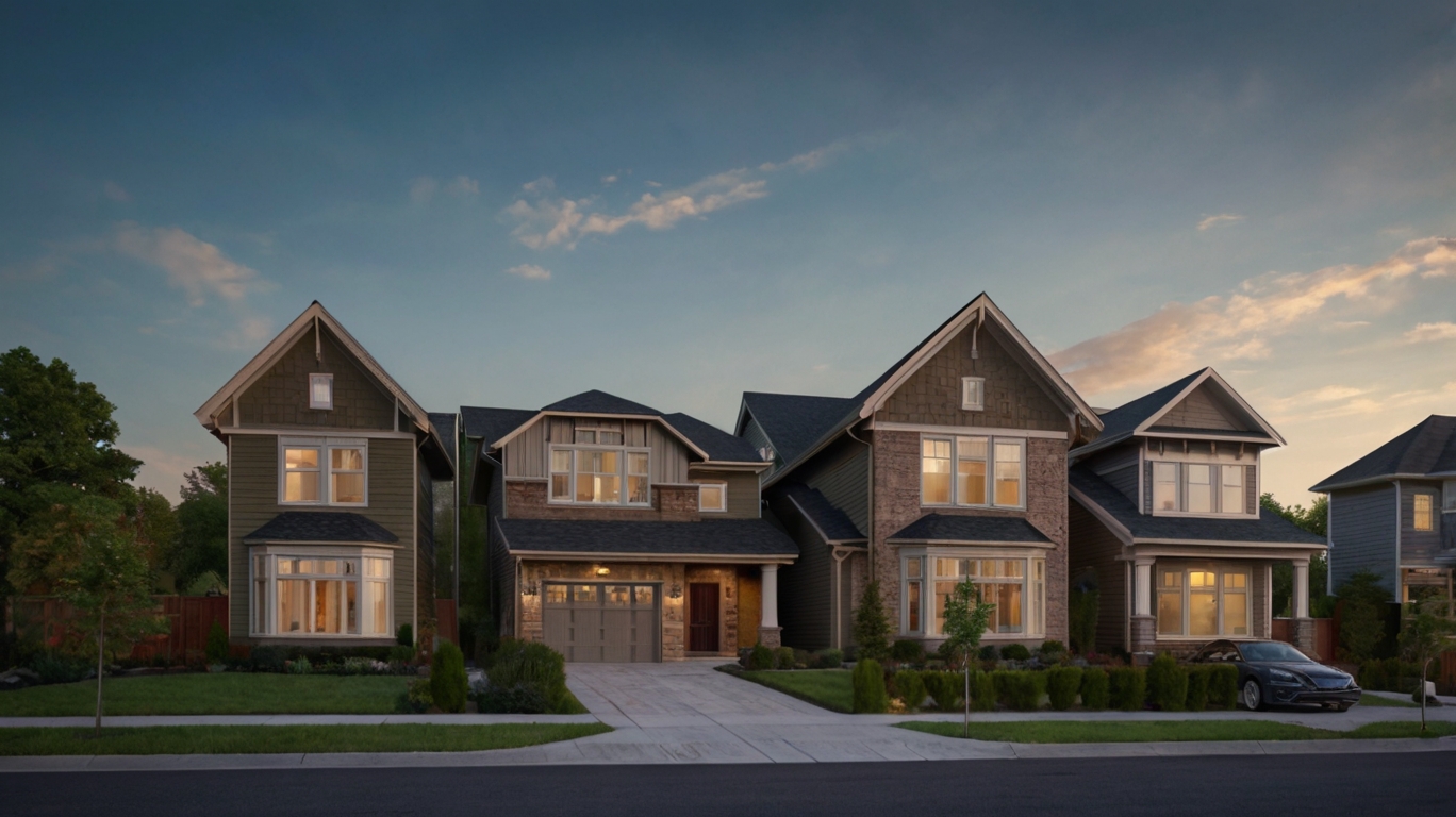 Three modern residential houses with dark siding and large windows, set against a twilight sky.