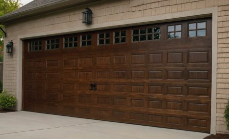 A large wooden garage door with a grid of small windows, flanked by wall-mounted lanterns, set against a beige house.