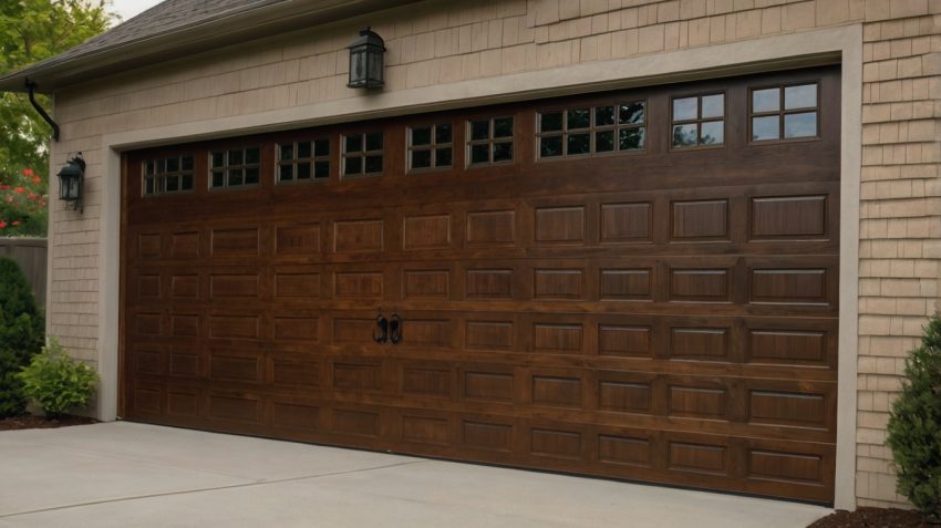 A large wooden garage door with a grid of small windows, flanked by wall-mounted lanterns, set against a beige house.