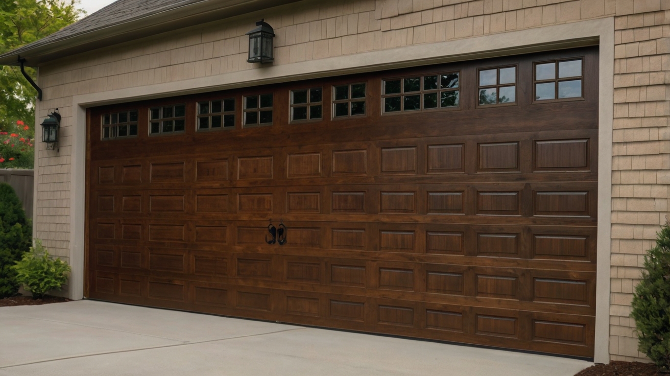 A large wooden garage door with a grid of small windows, flanked by wall-mounted lanterns, set against a beige house.