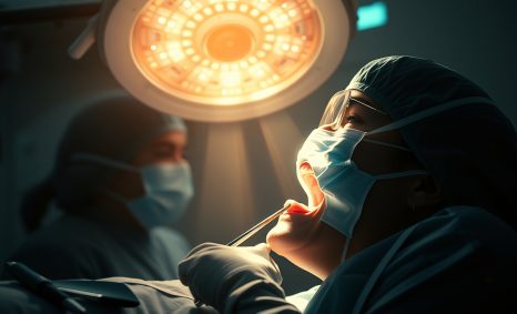 A patient lies on an examination table with their mouth open under a bright surgical light, while a dentist examines the