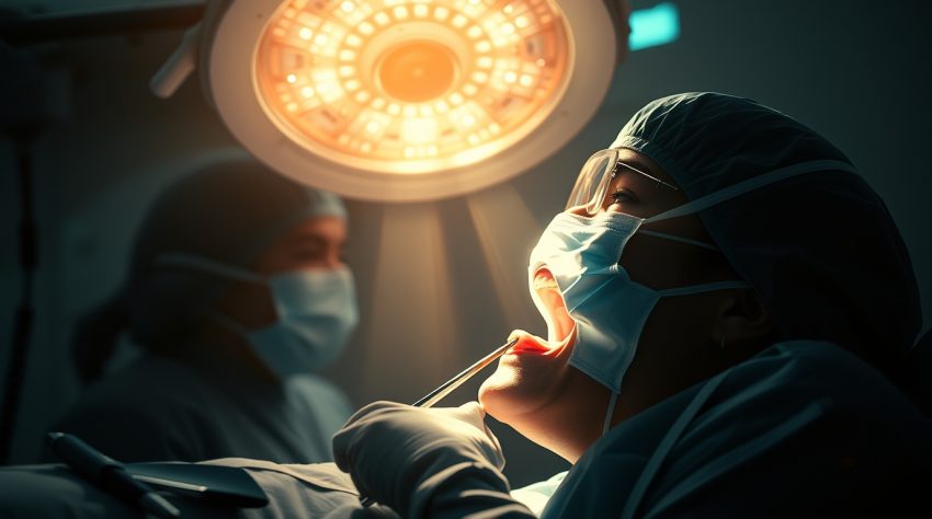 A patient lies on an examination table with their mouth open under a bright surgical light, while a dentist examines the