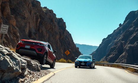 Two cars navigate a winding road surrounded by steep rocky cliffs under a clear blue sky.