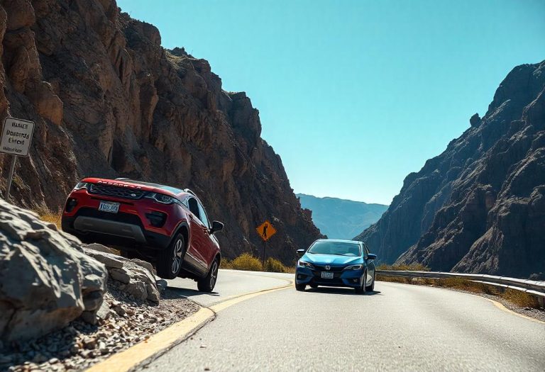 Two cars navigate a winding road surrounded by steep rocky cliffs under a clear blue sky.